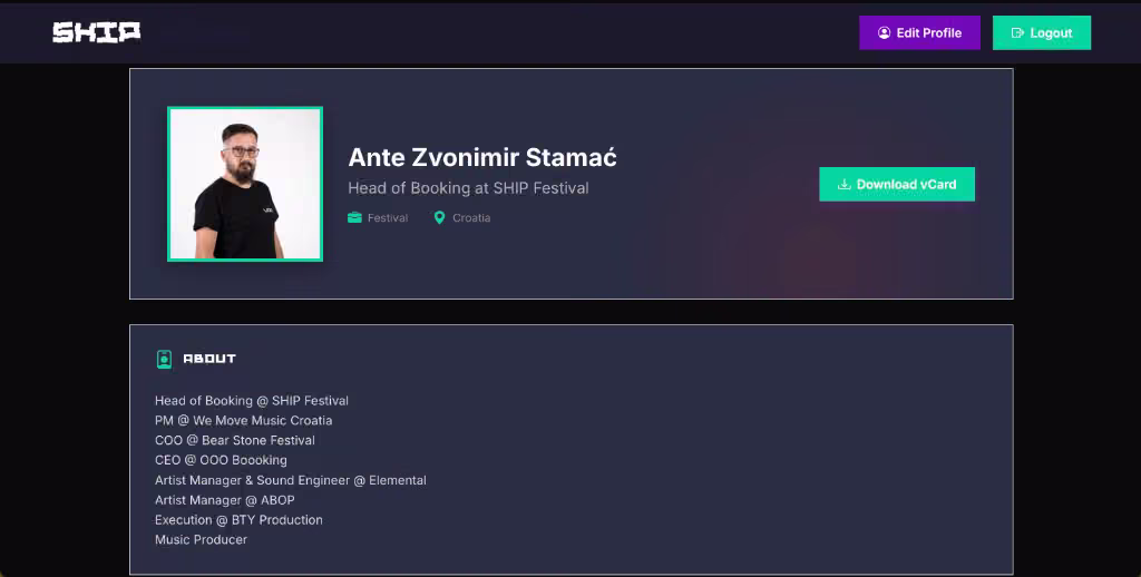 ProSHIP public participant profile with biography, role, and vCard download
